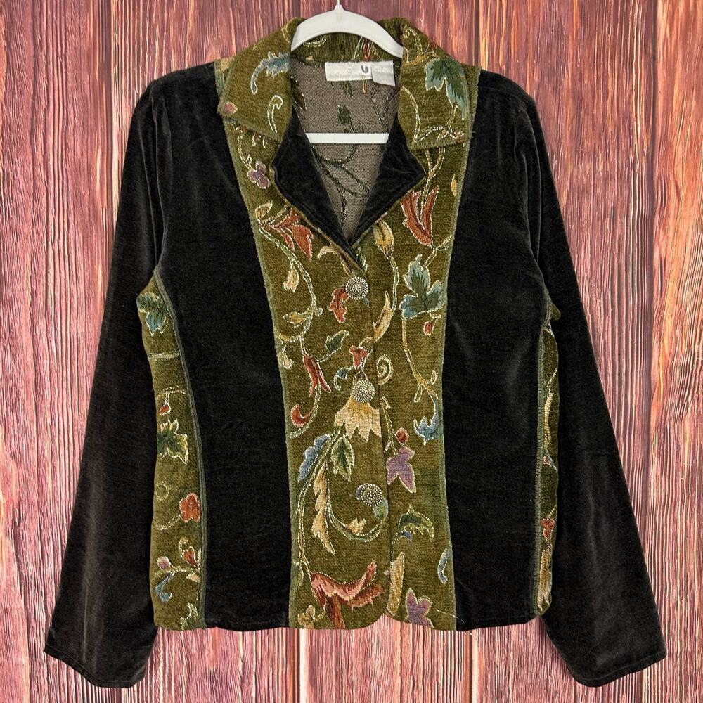 VTG Soft Surroundings Jacket Embroidered Button Front Colorblock Velvet Small‎